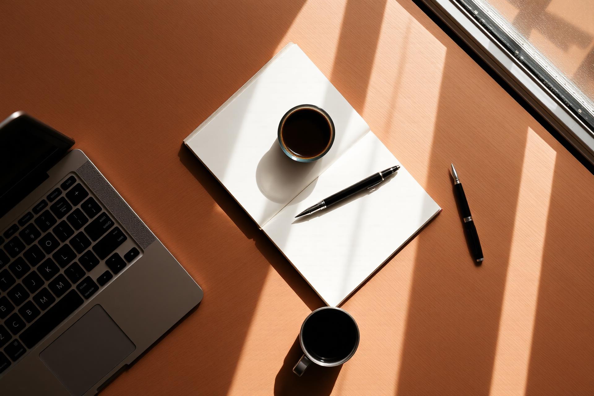 Mesa de trabalho com notebook, café e caderno